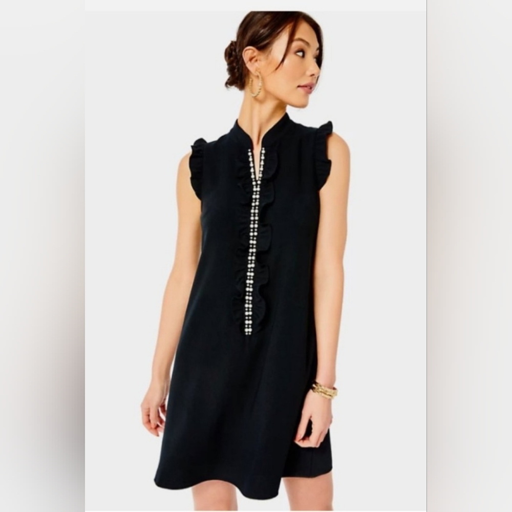 Lily Pulitzer Adelee Pearl Detail Flutter Sleeve Size 4 Shift Navy Dress EUC